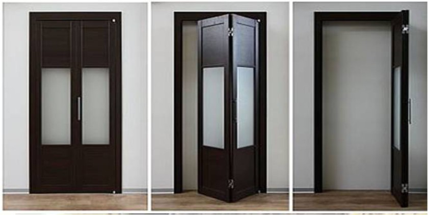 Шпонированные двери гармошка с матовыми стеклянными вставками Белореченск
